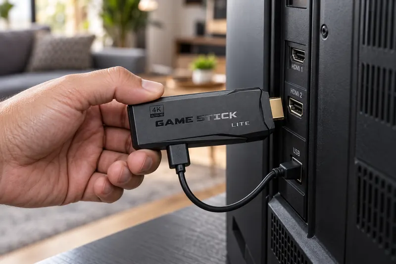 Game Stick sendo conectado na entrada HDMI da TV