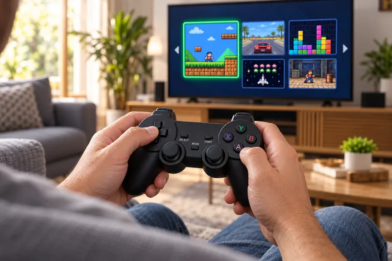 Pessoa jogando no sofá com o menu de jogos na TV